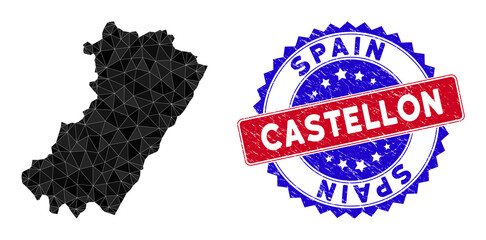 Castellon Province map polygonal mesh with filled triangles, and scratched bicolor stamp. Triangle mosaic Castellon Province map with mesh vector model, triangles have various sizes, and positions,