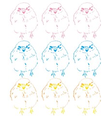 Sparrows colored pink, blue, orange from sketch