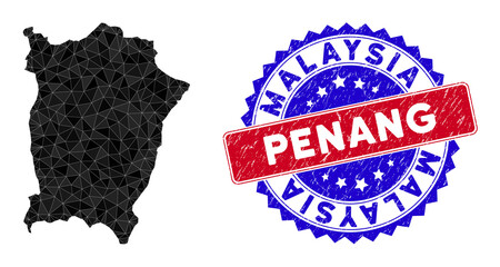 Penang Island map polygonal mesh with filled triangles, and textured bicolor stamp seal. Triangle mosaic Penang Island map with mesh vector model, triangles have different sizes, and positions,