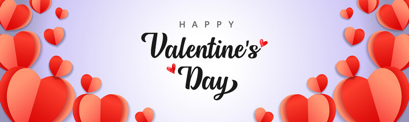 Happy Valentines Day banner. Valentine holiday background design with frame made of red origami paper hearts on white background. Horizontal poster, flyer, greeting card, wallpaper, header for website
