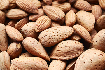 Close up picture of raw almonds in shell and shelled, selective focus.