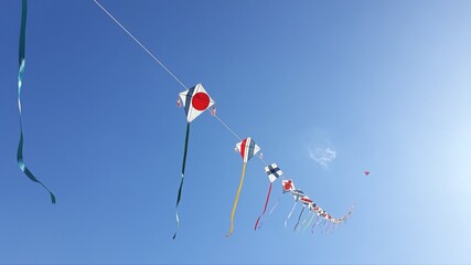 Long string with many colorful kites flying with the blue sky in the background