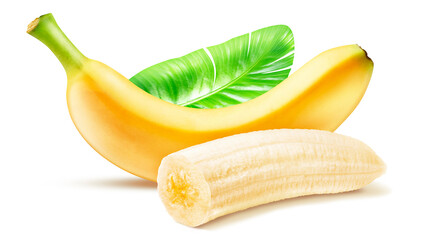 Banana and cut banana with leaf isolated on white background with clipping path.