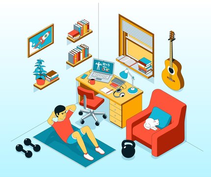 Home abs exercise - crunch in work room. Home Workout. Vector isometric illustration.