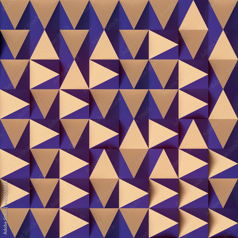 Poster Pattern of randomly arranged yellow triangles on pink backdrop. Abstract 3d rendering art background modern illustration