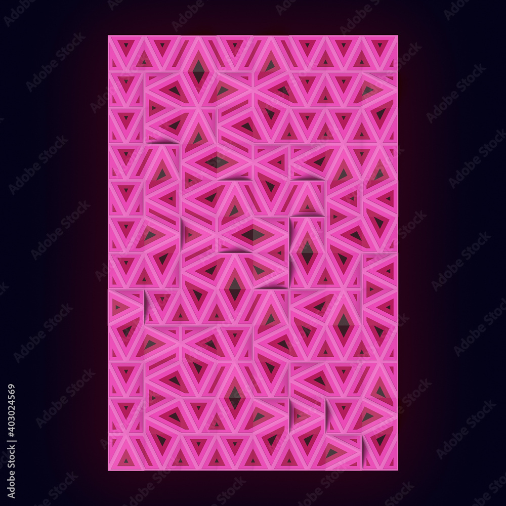 Aufkleber Rectangle with a pattern randomly arranged pink triangles. Orthographic projection. 3d rendering digital illustration