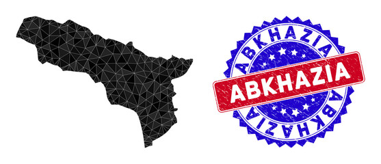 Fototapeta premium Abkhazia map polygonal mesh with filled triangles, and grunge bicolor stamp seal. Triangle mosaic Abkhazia map with mesh vector model, triangles have various sizes, and positions, and color tones.