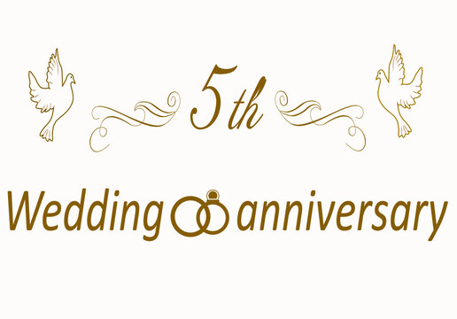 5th wedding anniversary. Originally beautiful vector illustration on isolated white background.Text gold pattern. Wooden wedding. For postcards, invitations, congratulations
