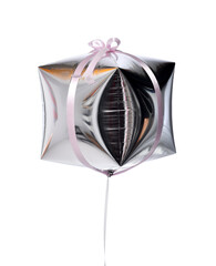 Single big silver gift box balloon present object with pink stripe for birthday or valentines day isolated on white background
