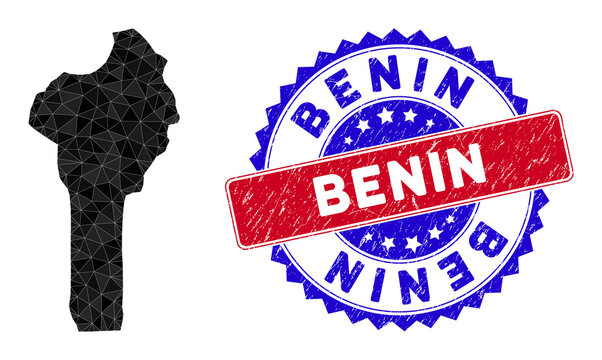 Benin map polygonal mesh with filled triangles, and rough bicolor rubber seal. Triangle mosaic Benin map with mesh vector model, triangles have variable sizes, and positions, and color tinges.