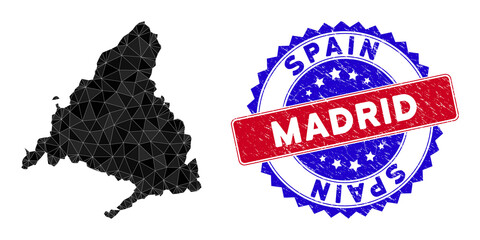 Madrid Province map polygonal mesh with filled triangles, and rubber bicolor seal. Triangle mosaic Madrid Province map with triangular vector model, triangles have randomized sizes, and positions,