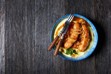 Pork sausage and mashed potato, copy space