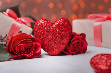 Valentines Day background with heart, presents and roses