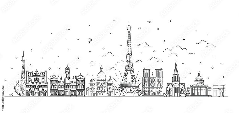 Wall mural France skyline with panorama in white background