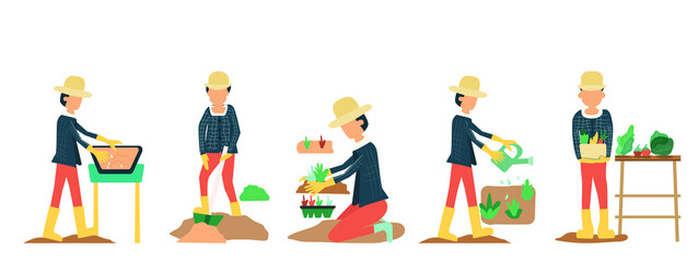 Fototapeta na wymiar People gardening. Man planting gardens vegetables, agriculture gardener hobby plants at home and outdoor. Vector is drawn illustrations of plants in pots working.farm Flat vector icon set