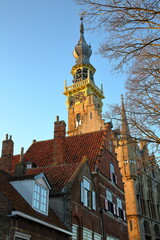 The gothic Stadhuis (town hall) with its impressive clock tower, located at the main square (Markt) in Veere, Zeeland, Netherlands