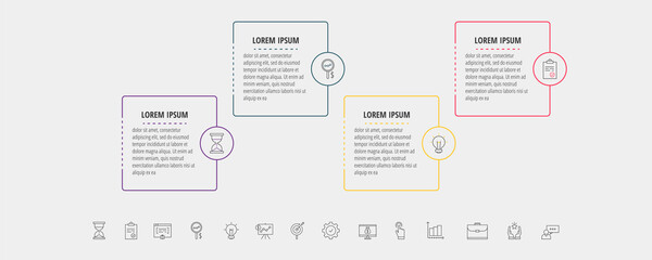 Square vector line infographic with four steps, circles. Rectangular timeline used for diagram, chart, web, banner, workflow layout, flowchart, info graph, content, levels, chart, processes diagram