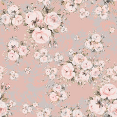Abstract floral seamless print beautiful bouquets of roses drawn by paints with buds and foliage