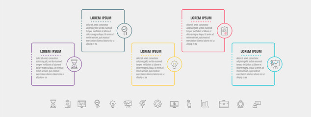 Square vector line infographic with five steps, circles. Rectangular timeline used for chart, web, banner, workflow layout, presentations, flowchart, info graph, content, levels, chart, diagram