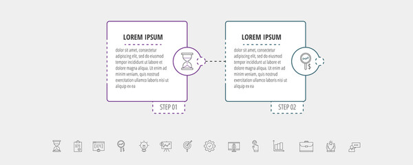 Square vector line infographic with two steps, circles. Rectangular timeline used for diagram, chart, web, banner, workflow layout, presentations, flowchart, info graph, content, levels, chart