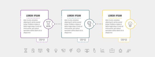 Square vector line infographic with three steps, circles. Rectangular timeline used for diagram, chart, workflow layout, presentations, flowchart, info graph, content, levels, chart, processes diagram