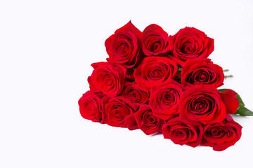 Bouquet of red (burgundy) roses on a white background. Place for text. Close-up.