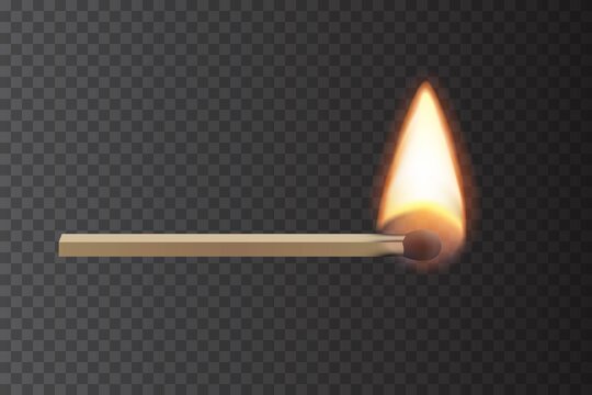 Lit match stick burning with fire flame. Wooden match, hot and glowing red isolated on transparent background. Abstract realistic horizontal vector illustration
