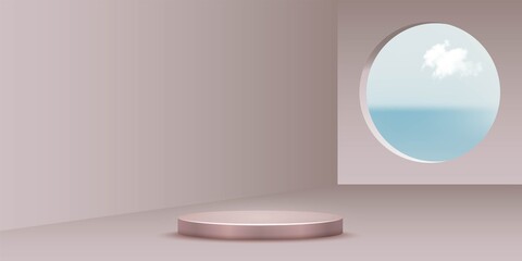 Round metal podium and circle window view background. Platform for product presentation, view on blue sky vector illustration. Abstarct interior design for presentation display