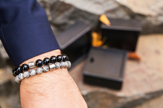 
Pictures of men's and women's bracelets made of natural stone