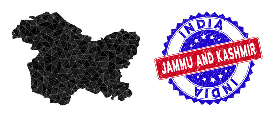 Jammu and Kashmir State map polygonal mesh with filled triangles, and unclean bicolor stamp imitation. Triangle mosaic Jammu and Kashmir State map with triangular vector model,