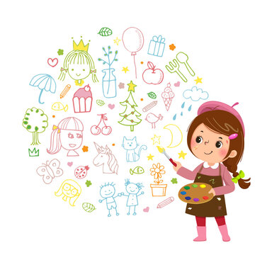 Vector illustration cartoon of little girl artist painting with paints color and brush on white background.