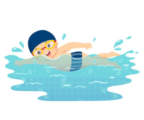 Vector illustration cartoon of little boy swimming in the pool. - 403028931