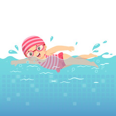 Vector illustration cartoon of little girl in pink swimsuit swimming in the pool. - 403028954