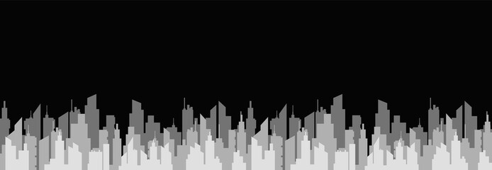 Urban abstract landscape. White silhouettes of megapolis pixel skyscrapers on black vector sky background.