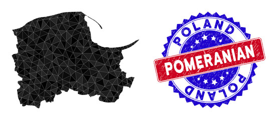 Pomeranian Voivodeship map polygonal mesh with filled triangles, and textured bicolor stamp. Triangle mosaic Pomeranian Voivodeship map with mesh vector model, triangles have randomized sizes,