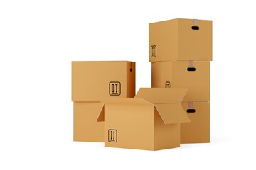 Stacks of open and closed brown cardboard moving storage boxes over white background, moving day concept
