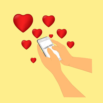 image graphics hand hold phone and type i love you with type i love you and symbol heart around phone concept valentines day