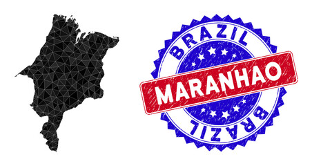 Maranhao State map polygonal mesh with filled triangles, and rubber bicolor rubber seal. Triangle mosaic Maranhao State map with mesh vector model, triangles have variable sizes, and positions,