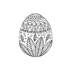 Easter egg painted with patterns. Vector hand-drawn doodle illustration. Black and white outline. Coloring.