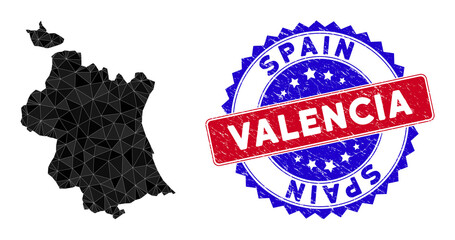 Valencia Province map polygonal mesh with filled triangles, and scratched bicolor stamp seal. Triangle mosaic Valencia Province map with mesh vector model, triangles have randomized sizes,