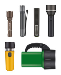 Night flashlight. Object for searching in dark electric lamps flashlight security handy items vector realistic set. Flashlight illuminate, equipment spotlight illumination illustration