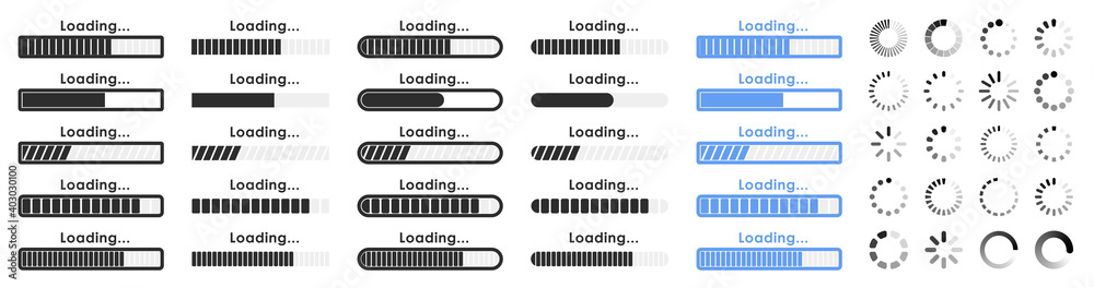 Poster big set loading icons. loading. load. progress bar for upload download round process. website loadin