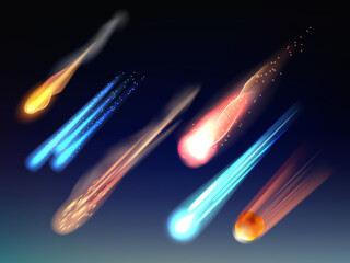 Falling comets. Astronomy collection space bodies stars meteorites cosmic glowing universe vector items realistic template. Illustration comet shooting, asteroid falling and meteorite in sky - obrazy, fototapety, plakaty