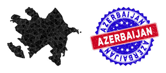 Azerbaijan map polygonal mesh with filled triangles, and scratched bicolor stamp seal. Triangle mosaic Azerbaijan map with mesh vector model, triangles have various sizes, and positions,