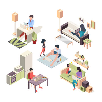 Work at home isometric. People working at laptop sitting on comfortable places freelancers remote vector set. Isometric business professional working, businessman 3d workplace at home illustration