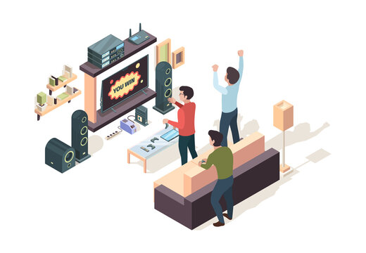 Gamers isometric. Game developer testing playing on console nerd persons in action pose sitting on sofa watching on monitors screen vector. Isometric play controller, gaming entertainment illustration