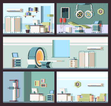Hospital interior. Doctor office clinic cabinet with tomography machines ultrasound room garish vector flat pictures. Medicine care, tomography ct and ultrasound diagnostic illustration