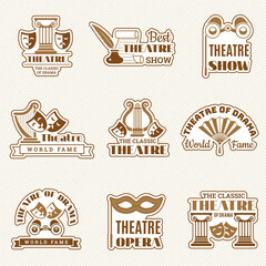 Obraz premium Theatre logo. Cinema entertainment show elements theatre badges drama and comedy mask recent vector set. Illustration theater show emblem, art studio performance