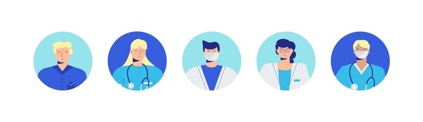 Obraz premium Avatars doctors. Portraits of medical professionals for consultations in social networks and vector online communication with provision first aid.