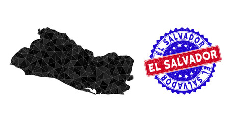 El Salvador map polygonal mesh with filled triangles, and rubber bicolor rubber seal. Triangle mosaic El Salvador map with mesh vector model, triangles have different sizes, and positions,